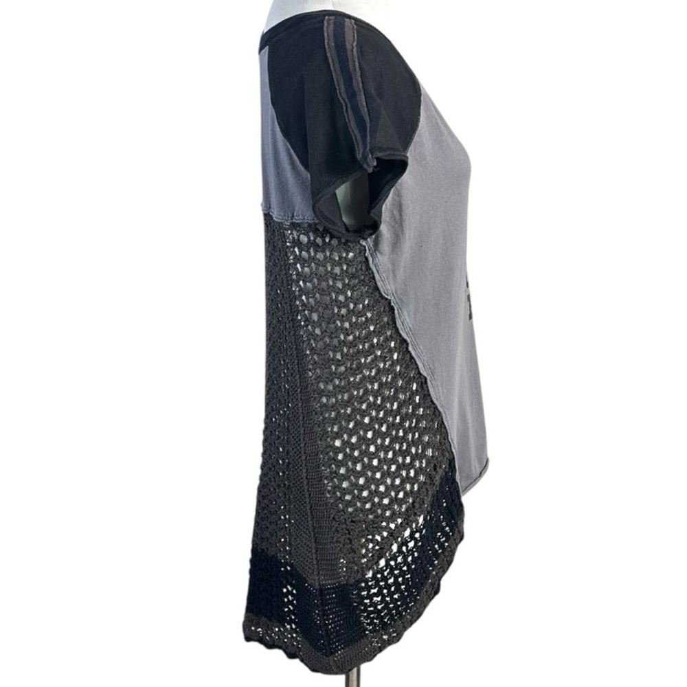 Free People Mustang Band Tee Crochet Mesh Back Top gray black Small mixed media - Picture 3 of 11